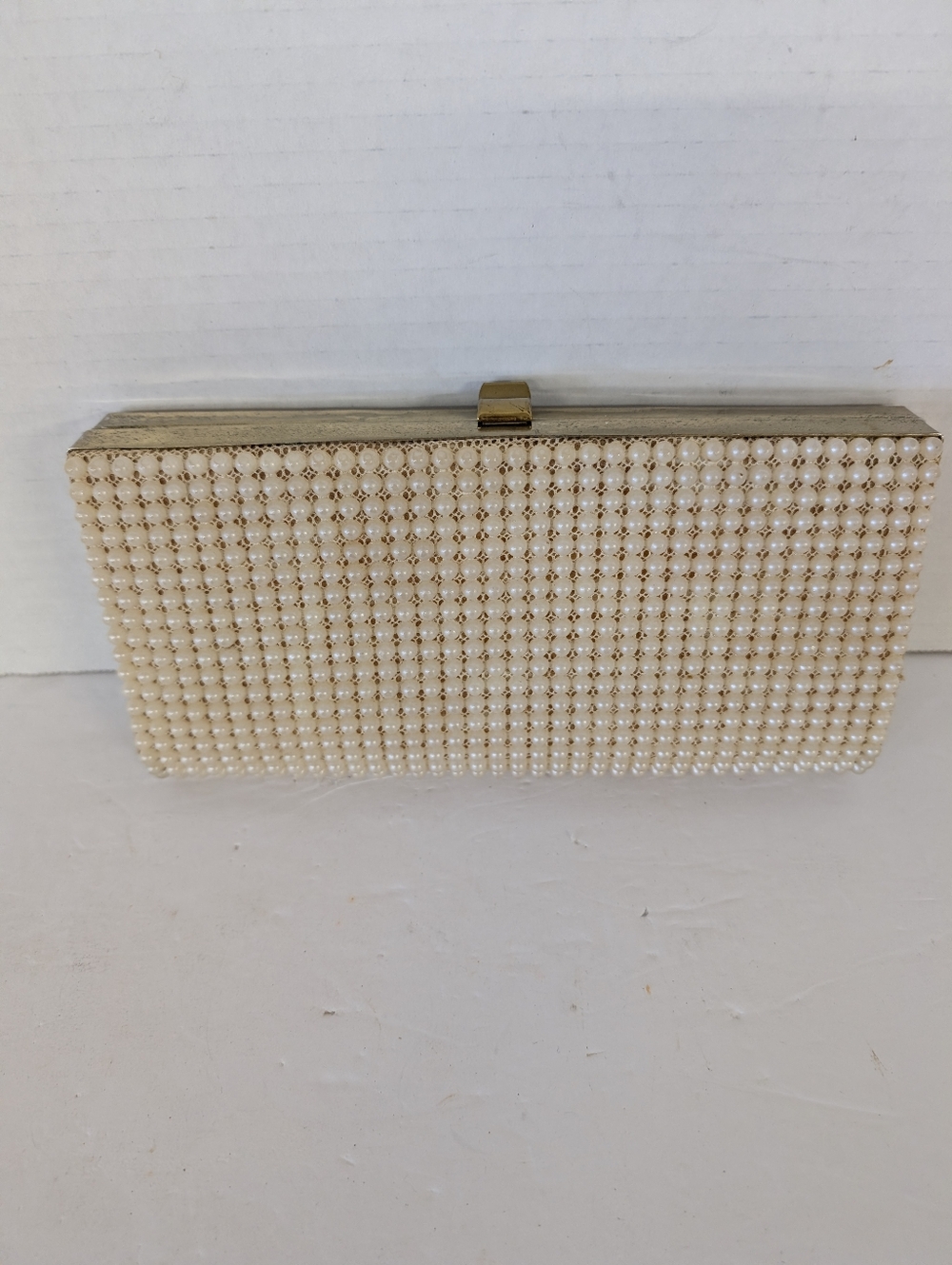 Vintage Bag Pearl-Embellished Cream Clutch with Gold Frame